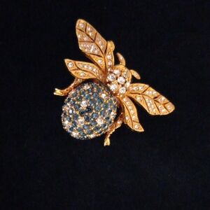 Vintage CINER Gold-Tone Bumble Bee Brooch with Blue and Clear Crystals